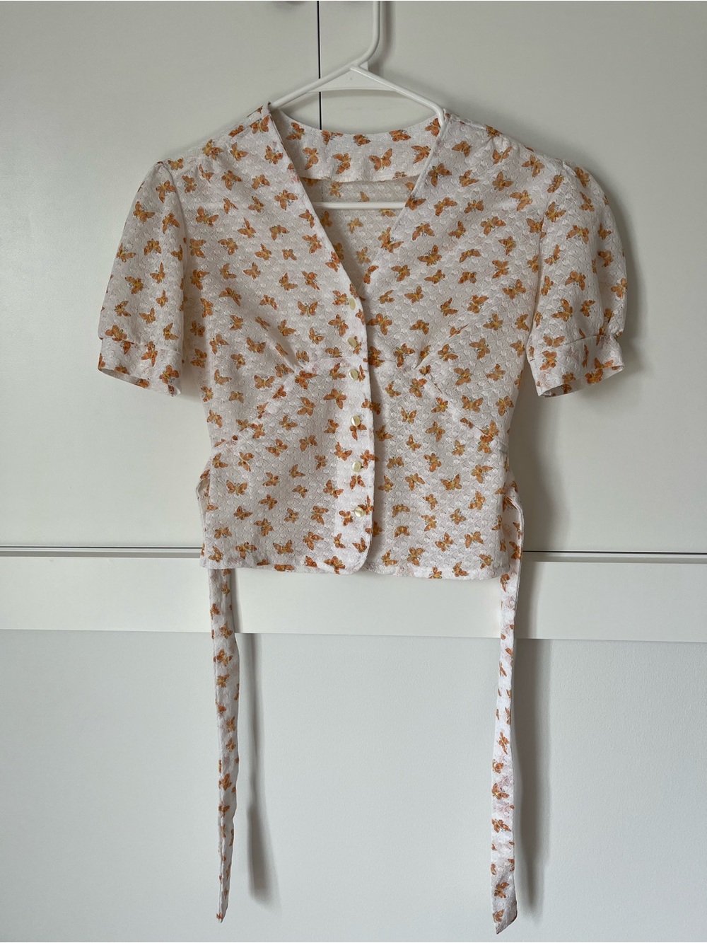 White Cropped Butterfly Print Tie-Front Blouse